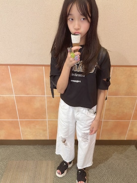 「ANAP GｉRL（アナップガール）のレオパード柄 肩アキテープ トップス（Tシャツ/カットソー、ブラック系）」を使った、yurimari1118さん（キッズ・140cm）の夏コーディネート
