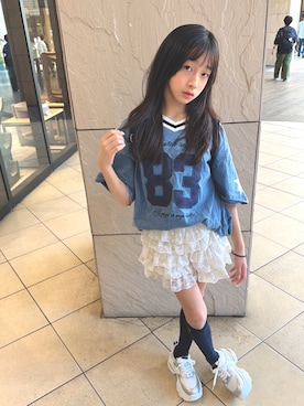 「repipi armario（レピピ アルマリオ）のフットボールミニワンピース（ワンピース、ブルー系）」を使った、yurimari1118さん（キッズ・140cm）の春コーディネート
