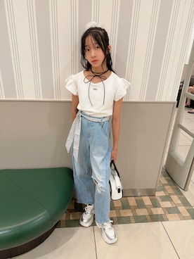「algy（アルジー）のパッド付きワンポイントリブ半袖Tシャツ（Tシャツ/カットソー、ホワイト系）」を使った、yurimari1118さん（キッズ・140cm）の夏コーディネート