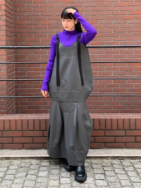 「UN3D.（アンスリード）のFAKE LEATHER COCOON LONG CAMI / フェイクレザーコクーンロングキャミ（その他トップス）」を使った、AYAKOさん（レディース・157cm）の秋コーディネート