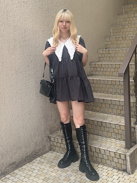 「jouetie（ジュエティ）のビッグカラーフレアミニワンピース チェック柄（ワンピース、グレー系）」を使った、HONOKAさん（レディース・162cm）の春コーディネート