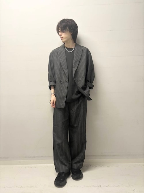 『セットアップ対応』『イージーケア/速乾』リネンライクピンストライプワイドスラックス