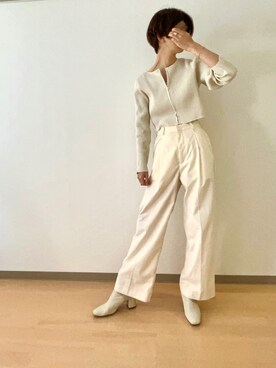 「mystic（ミスティック）の【サイズ展開あり】NEWスラックスワイドパンツ（スラックス、ホワイト系）」を使った、weargreenfrogさん（レディース・171cm）の春コーディネート
