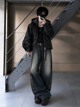 「Ellno Loset(エルノロゼット)の【Aranコラボ】レースアップ合皮Wジップブルゾン(ブルゾン)」を使った、Aranさん(メンズ・177cm)の秋コーディネート