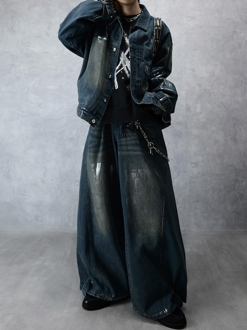 セール】【Spielio】Vintage like foil print denim jacket