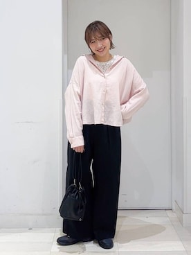 「GLOBAL WORK（グローバルワーク）のウツクシDRYワイドストレートパンツ/636547（その他パンツ、ブラック系）」を使った、tahanyanさん（レディース・155cm）の春コーディネート