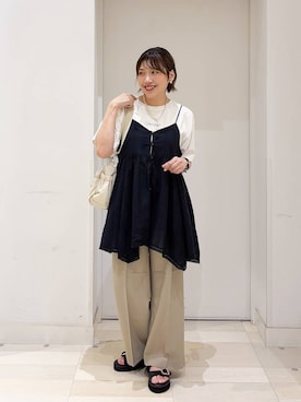 「GLOBAL WORK（グローバルワーク）のアシメヘムキャミチュニック/1017796（シャツ/ブラウス、ブラック系）」を使った、tahanyanさん（レディース・155cm）の夏コーディネート