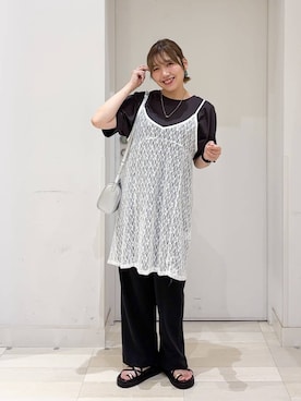 「GLOBAL WORK（グローバルワーク）のイージーケアストレッチ/ワイドパンツ/634307（その他パンツ、ブラック系）」を使った、tahanyanさん（レディース・155cm）の夏コーディネート