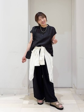 「GLOBAL WORK（グローバルワーク）のエアかるイージーワイドパンツ/636578（その他パンツ、ブラック系）」を使った、tahanyanさん（レディース・155cm）の夏コーディネート