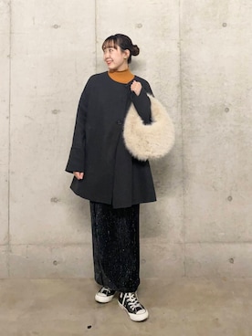 「アイテム（ノーカラーコート、グレー系）」を使った、みてきちさん（レディース・155cm）の冬コーディネート