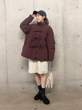 「アイテム（ダウンジャケット/コート、レッド系）」を使った、みてきちさん（レディース・155cm）の冬コーディネート