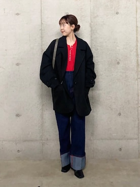 「レッド」｜「アイテム（ステンカラーコート）」を使った、みてきちさん（レディース・155cm）の秋コーディネート