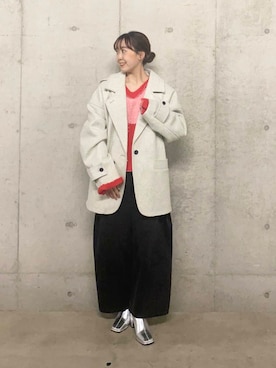 「レッド」｜「アイテム（ステンカラーコート）」を使った、みてきちさん（レディース・155cm）の冬コーディネート