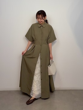 「SENSE OF PLACE by URBAN RESEARCH（センスオブプレイスバイアーバンリサーチ）の『UR TECH DRYLUXE』リネンライクワンピース（ワンピース、グリーン系）」を使った、みてきちさん（レディース・155cm）の春コーディネート