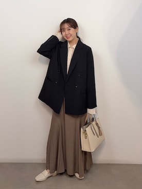 「SENSE OF PLACE by URBAN RESEARCH（センスオブプレイスバイアーバンリサーチ）の『イージーケア』ダブルテーラードジャケット（テーラードジャケット、ブラック系）」を使った、みてきちさん（レディース・155cm）の春コーディネート