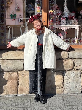 「レッド」｜「アイテム（ダウンジャケット/コート）」を使った、みてきちさん（レディース・155cm）の冬コーディネート