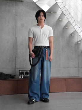 「SINSS（シンス）のRib henley HS T-shirt / リブヘンリーショートスリーブTシャツ（Tシャツ/カットソー、ホワイト系）」を使った、てるさん（メンズ・181cm）の夏コーディネート