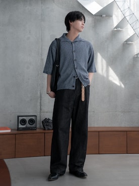 「SINSS（シンス）のNep HS knit cardigan / ネップHSニットカーディガン（シャツ/ブラウス、ブルー系）」を使った、てるさん（メンズ・181cm）の春コーディネート