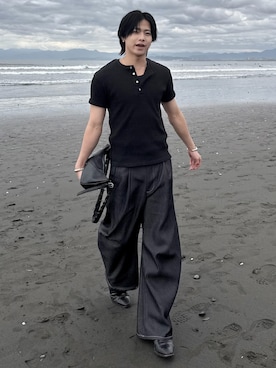 「SINSS（シンス）のSlim fit tank top / スリムフィットタンクトップ（タンクトップ、ブラック系）」を使った、てるさん（メンズ・181cm）の夏コーディネート