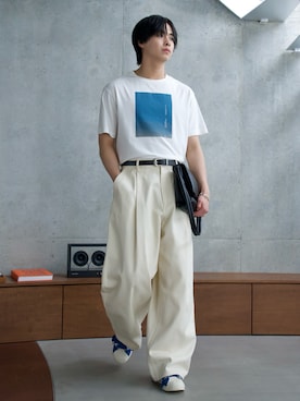 「SINSS（シンス）のGraphic compact T-shirt / グラフィックコンパクトTシャツ（Tシャツ/カットソー、その他）」を使った、てるさん（メンズ・181cm）の春コーディネート