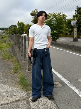 「SINSS（シンス）のRib henley HS T-shirt / リブヘンリーショートスリーブTシャツ（Tシャツ/カットソー、ホワイト系）」を使った、てるさん（メンズ・181cm）の夏コーディネート