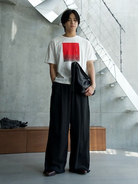 「SINSS（シンス）のOne tuck wide sweat pants / ワンタックワイドスウェットパンツ（スウェットパンツ、ブラック系）」を使った、てるさん（メンズ・181cm）の夏コーディネート
