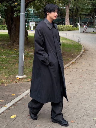 「SINSS（シンス）のGoat leather collar coat / ゴートレザーカラーコート（ステンカラーコート）」を使った、てるさん（メンズ・181cm）の秋コーディネート