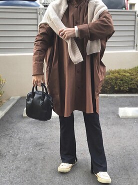 「ブラウンコーデ」｜「アイテム（シャツワンピース）」を使った、ricococogukさん（レディース・156cm）の冬コーディネート