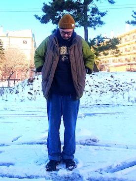 「アイテム（ノーカラージャケット）」を使った、cocostmilitaryさん（メンズ・186cm）の冬コーディネート