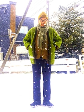 「アイテム（ノーカラージャケット）」を使った、cocostmilitaryさん（メンズ・186cm）の冬コーディネート