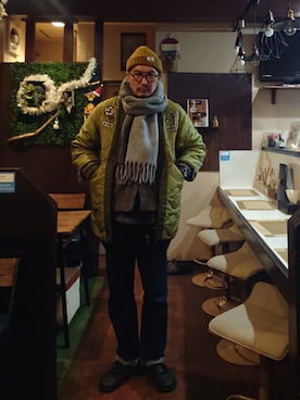 「アイテム（ノーカラージャケット）」を使った、cocostmilitaryさん（メンズ・186cm）の冬コーディネート