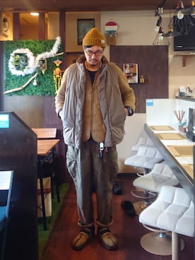 「アイテム（ニットキャップ/ビーニー）」を使った、cocostmilitaryさん（メンズ・186cm）の冬コーディネート