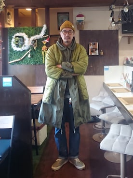 「アイテム（ノーカラージャケット）」を使った、cocostmilitaryさん（メンズ・186cm）の冬コーディネート