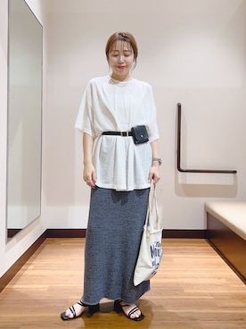 「KBF（ケイビーエフ）のランダムタックボーダーTEE（Tシャツ/カットソー、ホワイト系）」を使った、fujimonさん（レディース・159cm）の夏コーディネート
