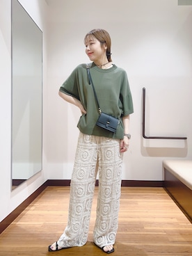 「ITEMS URBANRESEARCH（アイテムズ アーバンリサーチ）の『洗濯可』ニットTシャツ（ニット/セーター、グリーン系）」を使った、fujimonさん（レディース・159cm）の夏コーディネート