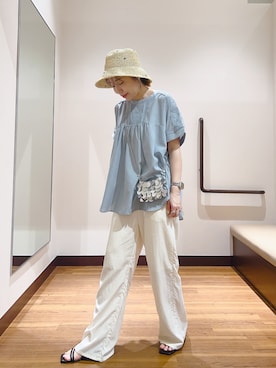 「ITEMS URBANRESEARCH（アイテムズ アーバンリサーチ）のピンタックレースブラウス（シャツ/ブラウス、ブルー系）」を使った、fujimonさん（レディース・159cm）の夏コーディネート