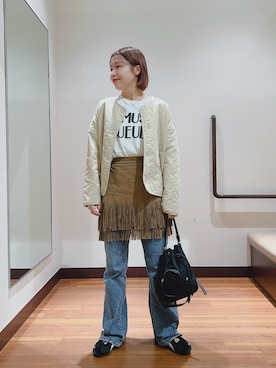 「アイテム（ノーカラージャケット）」を使った、fujimonさん（レディース・159cm）の秋コーディネート