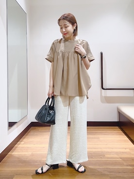 「ITEMS URBANRESEARCH（アイテムズ アーバンリサーチ）のピンタックレースブラウス（シャツ/ブラウス、イエロー系）」を使った、fujimonさん（レディース・159cm）の夏コーディネート