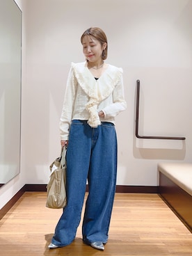 「KBF（ケイビーエフ）のフリンジカラーガーゼブラウス（シャツ/ブラウス、ホワイト系）」を使った、fujimonさん（レディース・159cm）の秋コーディネート