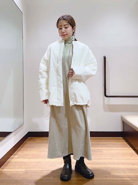 「ノーカラージャケット」｜「アイテム（ダウンジャケット/コート）」を使った、fujimonさん（レディース・159cm）の冬コーディネート