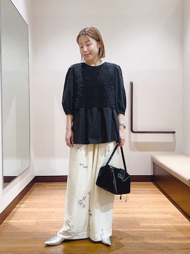 「ITEMS URBANRESEARCH（アイテムズ アーバンリサーチ）のレースドッキングブラウス（シャツ/ブラウス、ブラック系）」を使った、fujimonさん（レディース・159cm）の秋コーディネート