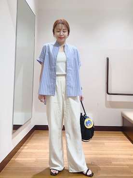 「ITEMS URBANRESEARCH（アイテムズ アーバンリサーチ）の『イージーケア』リネン混フレンチシャツ（シャツ/ブラウス、その他）」を使った、fujimonさん（レディース・159cm）の夏コーディネート