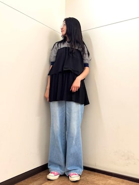 「アイテム（チュニック）」を使った、フナバシミズキさん（レディース・169cm）の夏コーディネート