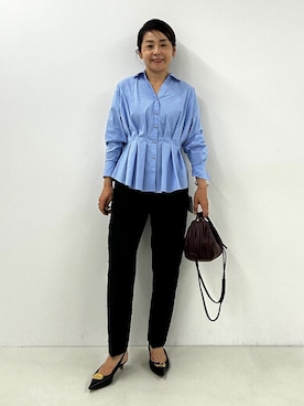 「NOLLEY’S（ノーリーズ）の【WEB＆一部店舗限定カラー】【GOODS BUYER 石田別注カラー】ストレッチタフタスキッパータックシャツ（シャツ/ブラウス、ブルー系）」を使った、nol mayumiiさん（レディース・160cm）の夏コーディネート