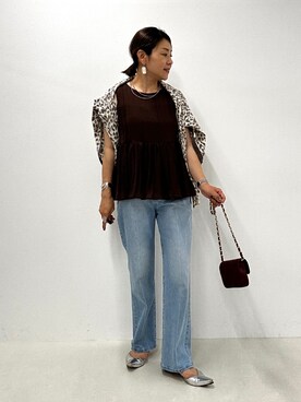 「NOLLEY’S（ノーリーズ）の《接触冷感》【BECシリーズ】ウォッシャブルシアーノースリーブペプラムブラウス（シャツ/ブラウス、ブラウン系）」を使った、nol mayumiiさん（レディース・160cm）の夏コーディネート
