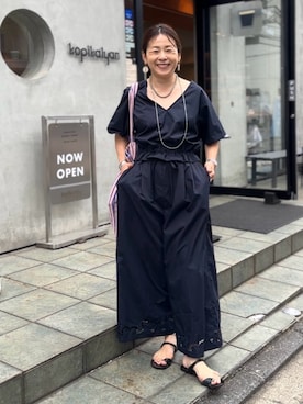 「Rie Miller（リエミラー）のウォッシャブルハーフスリーブオールインワン（つなぎ/オールインワン、ブルー系）」を使った、nol mayumiiさん（レディース・160cm）の夏コーディネート