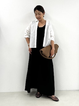 「NOLLEY’S（ノーリーズ）の《接触冷感/防/UVカット》多機能ジョーゼット2WAYイージーワンピース（One piece dress、ブラック系）」を使った、nol mayumiiさん（レディース・160cm）の夏コーディネート