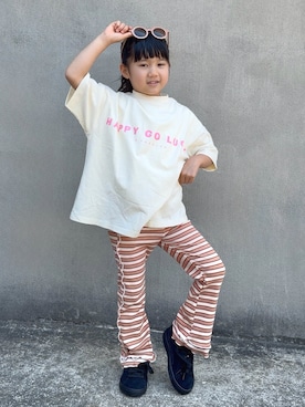 「p.premier（ピードットプルミエ）のイロチ買いしたいシンプルロゴ半袖Tシャツ（Tシャツ/カットソー、ピンク系）」を使った、KANOさん（キッズ・110cm）の春コーディネート