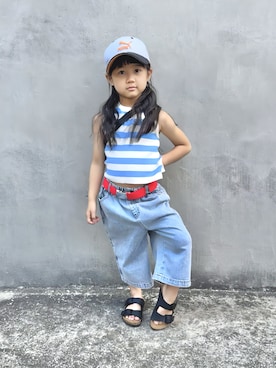 「CIAOPANIC TYPY（チャオパニックティピー）の【KIDS】ペインターバミューダデニムパンツ（デニムパンツ）」を使った、KANOさん（キッズ・100cm）の夏コーディネート