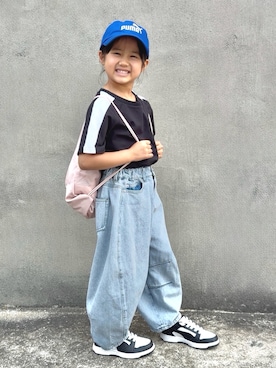 「LOWRYS FARM（ローリーズファーム）のデニムコクーンパンツ　 631065（デニムパンツ、ブルー系）」を使った、KANOさん（キッズ・110cm）の夏コーディネート